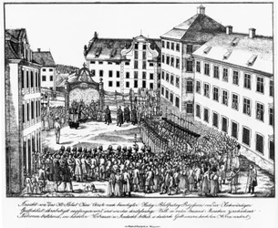 Weingarten, Monastery Courtyard, Reception of the Holy Blood Relic by the Clergy after the Holy Blood Procession, Early 1840s